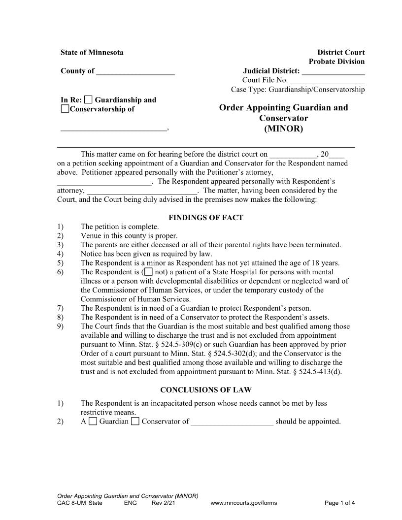 Order Appointing Guardian Or Conservator Minor {GAC-8-UM} | Pdf Fpdf Doc Docx | Minnesota