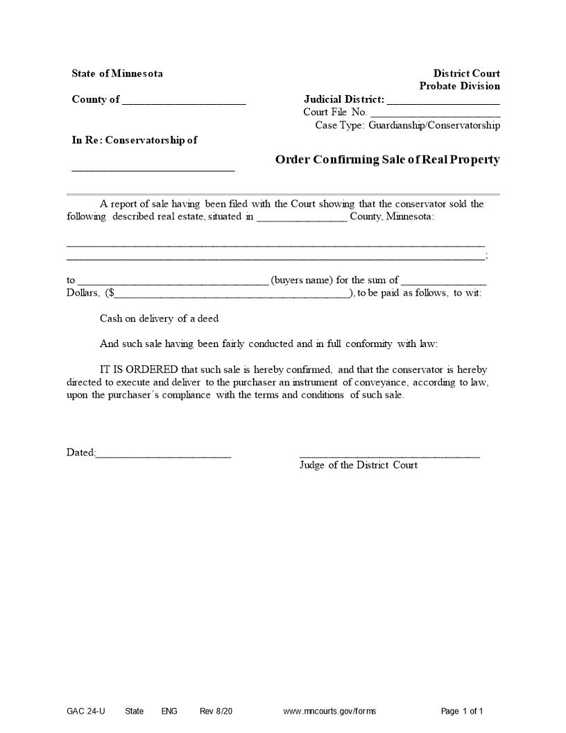 Order Confirming Sale Of Real Property {GAC-24-U} | Pdf Fpdf Doc Docx | Minnesota
