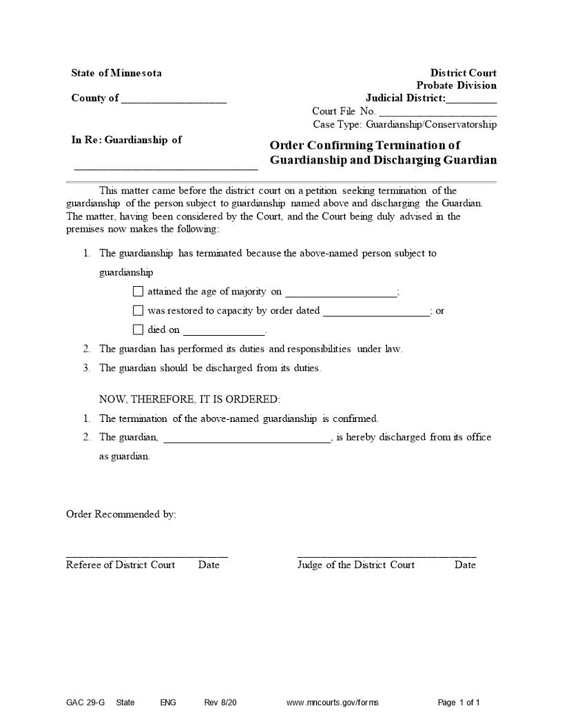 Order Confirming Termination Of Guardianship And Discharging Guardian {GAC-29G} | Pdf Fpdf Doc Docx | Minnesota