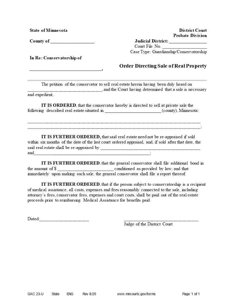 Order Directing Sale Of Real Property {GAC-23-U} | Pdf Fpdf Doc Docx | Minnesota