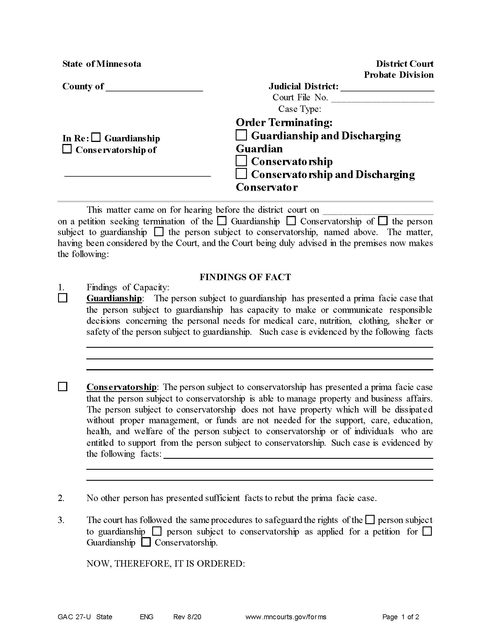 Order Terminating Guardianship Conservatorship {GAC-27-U} | Pdf Fpdf Doc Docx | Minnesota