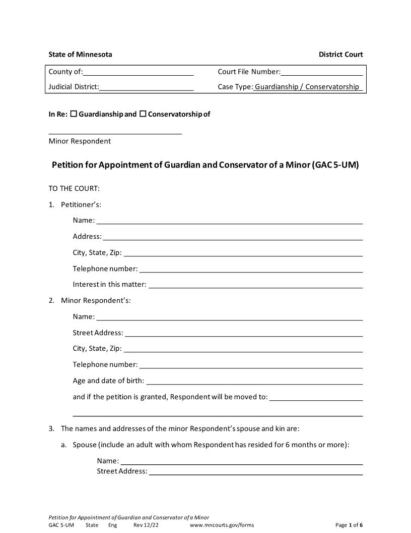 Petition For Appointment Of Guardian And Conservator Minor {GAC-5-UM} | Pdf Fpdf Doc Docx | Minnesota
