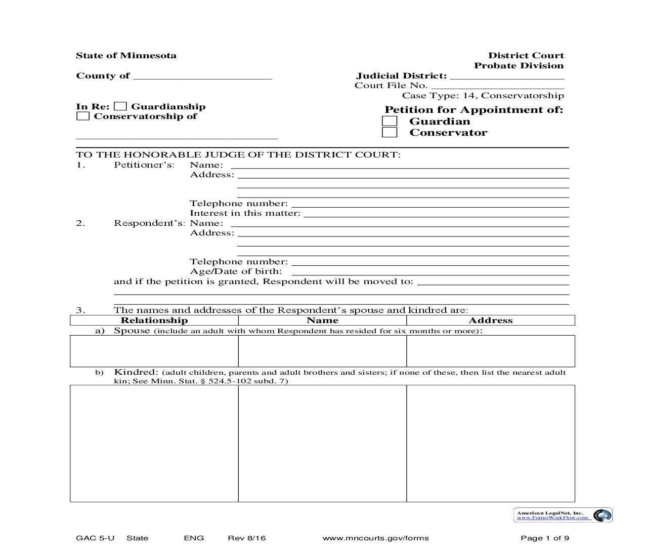 Petition For Appointment Of Guardian Or Conservator {GAC-5-U} | Pdf Fpdf Doc Docx | Minnesota