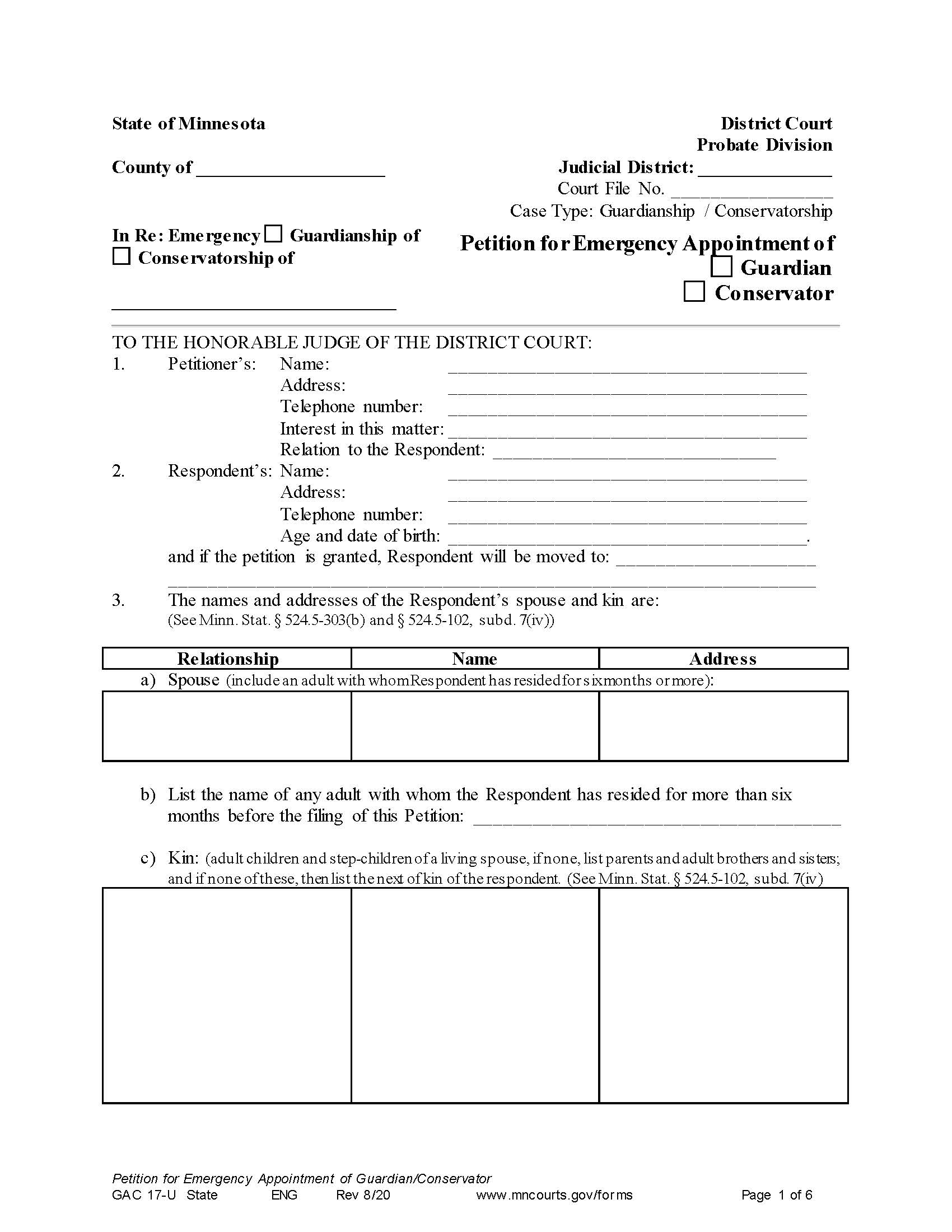 Petition For Emergency Appointment Of Guardian Or Conservator {GAC-17-U} | Pdf Fpdf Doc Docx | Minnesota