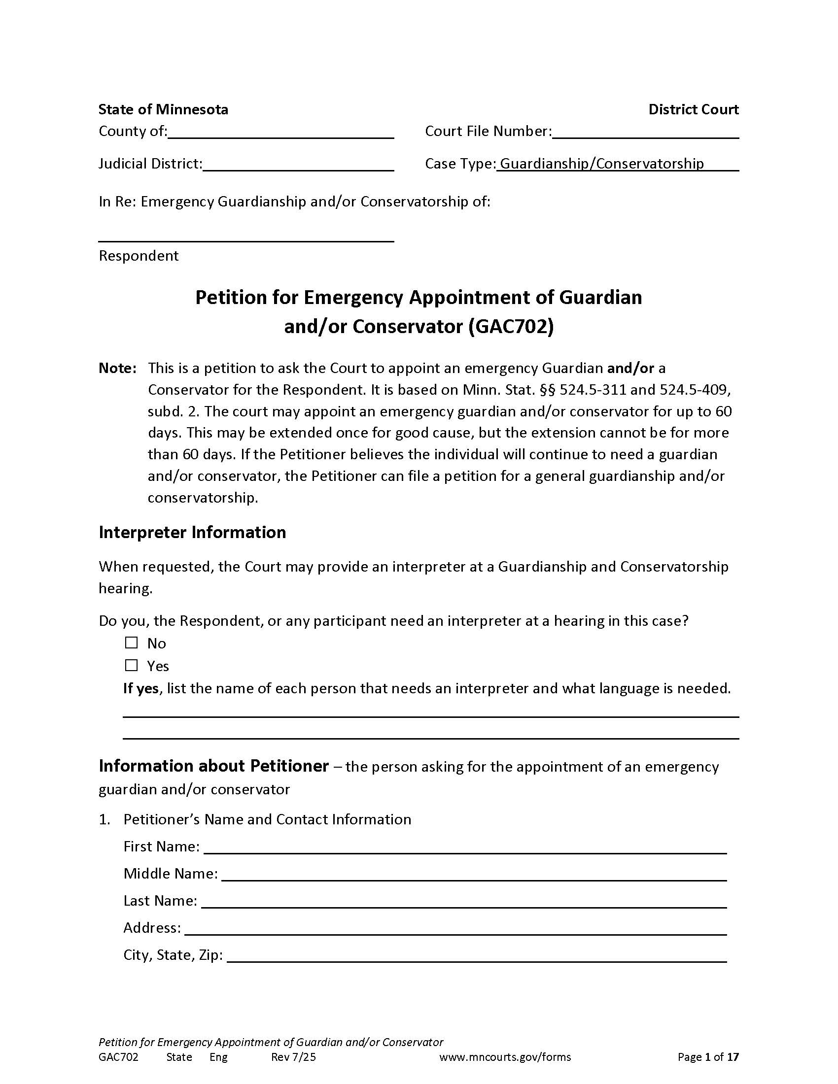 Petition For Emergency Appointment Of Guardian Or Conservator {GAC-17-U} | Pdf Fpdf Doc Docx | Minnesota