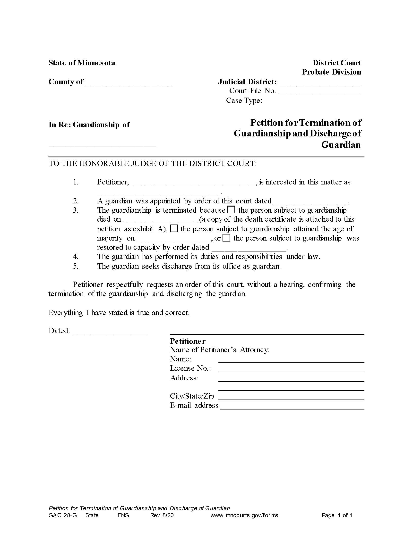 Petition For Termination Of Guardianship And Discharge Of Guardian {GAC-28-G} | Pdf Fpdf Docx | Minnesota