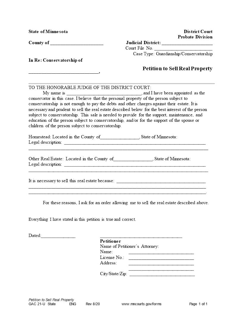 Petition To Sell Real Property {GAC-21-U} | Pdf Fpdf Doc Docx | Minnesota