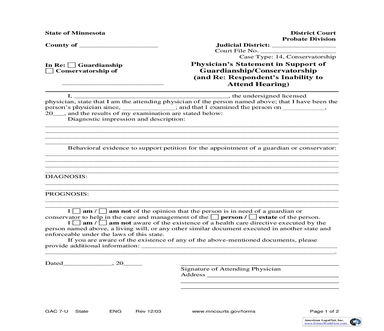 Physicians Statement In Support Of Guardianship Or Conservatorship - And Re Respondents Inability To Attend Hearing {GAC-7-U} | Pdf Fpdf Doc Docx | Minnesota