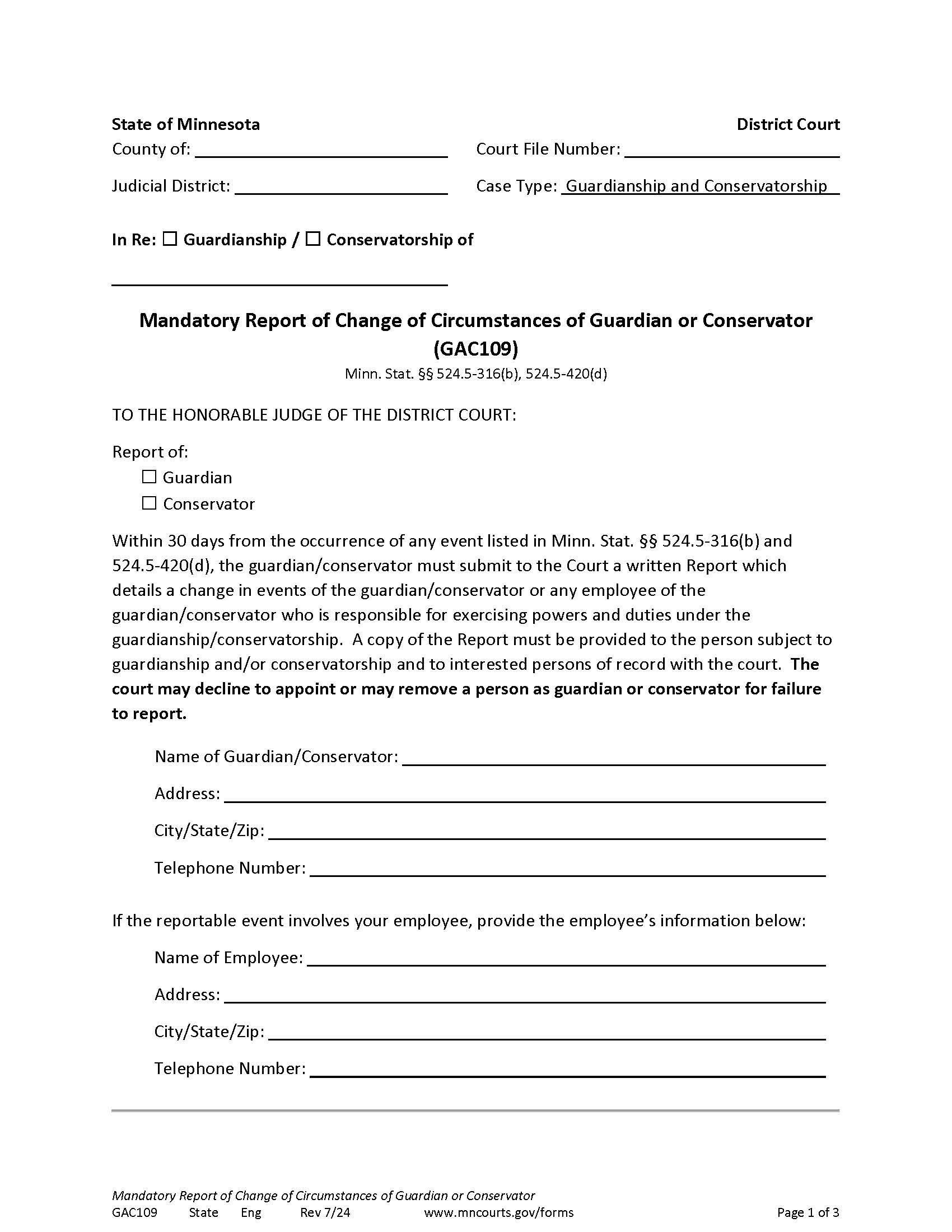 Report Of Guardian Or Conservator {GAC-109} | Pdf Fpdf Doc Docx | Minnesota