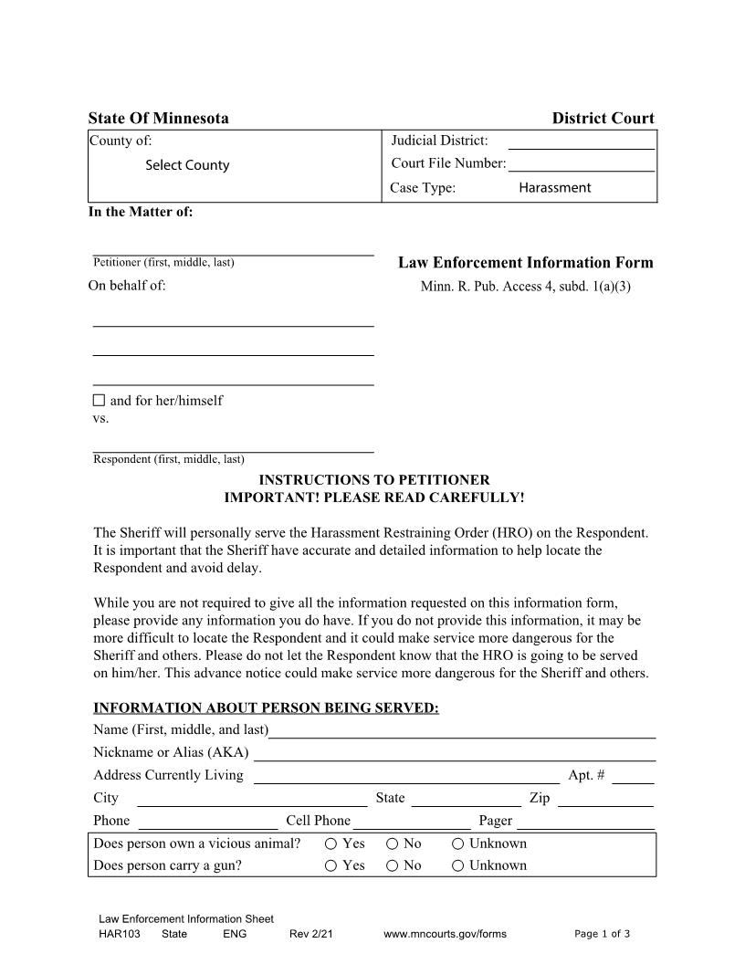Law Enforcement Information Form {HAR-103} | Pdf Fpdf Docx | Minnesota