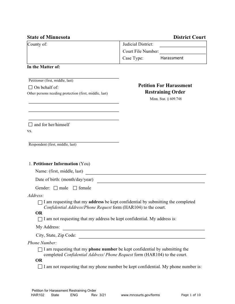 Petition For Harassment Restraining Order {HAR-102} | Pdf Fpdf Docx | Minnesota