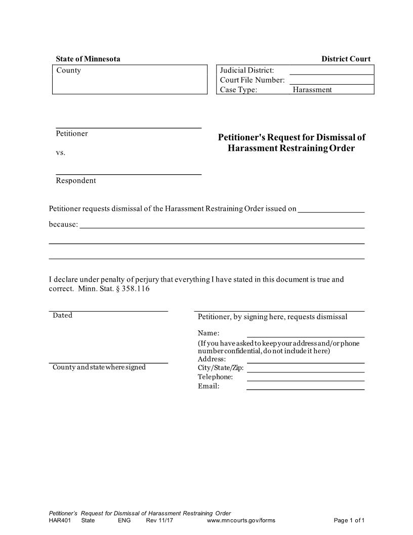 Petitioners Request For Dismissal Of Harassment Restraining Order {HAR-401} | Pdf Fpdf Docx | Minnesota
