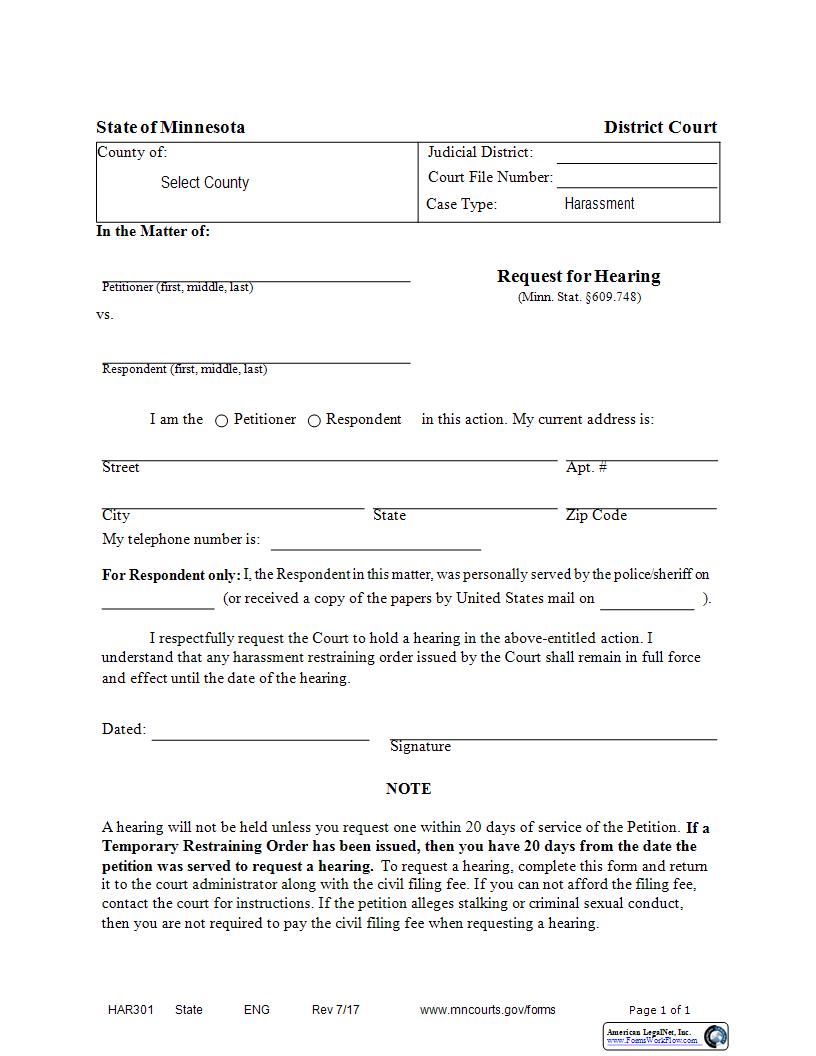 Request For Hearing (Harassment) {HAR-301} | Pdf Fpdf Docx | Minnesota