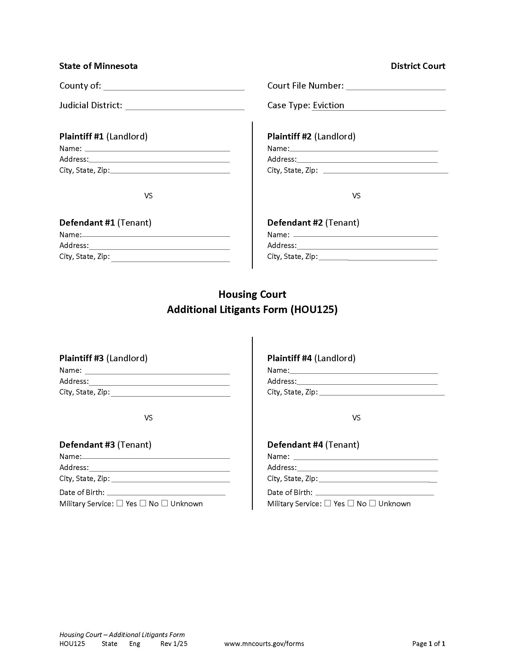 Additional Litigants Form {HOU-125} | Pdf Fpdf Docx | Minnesota