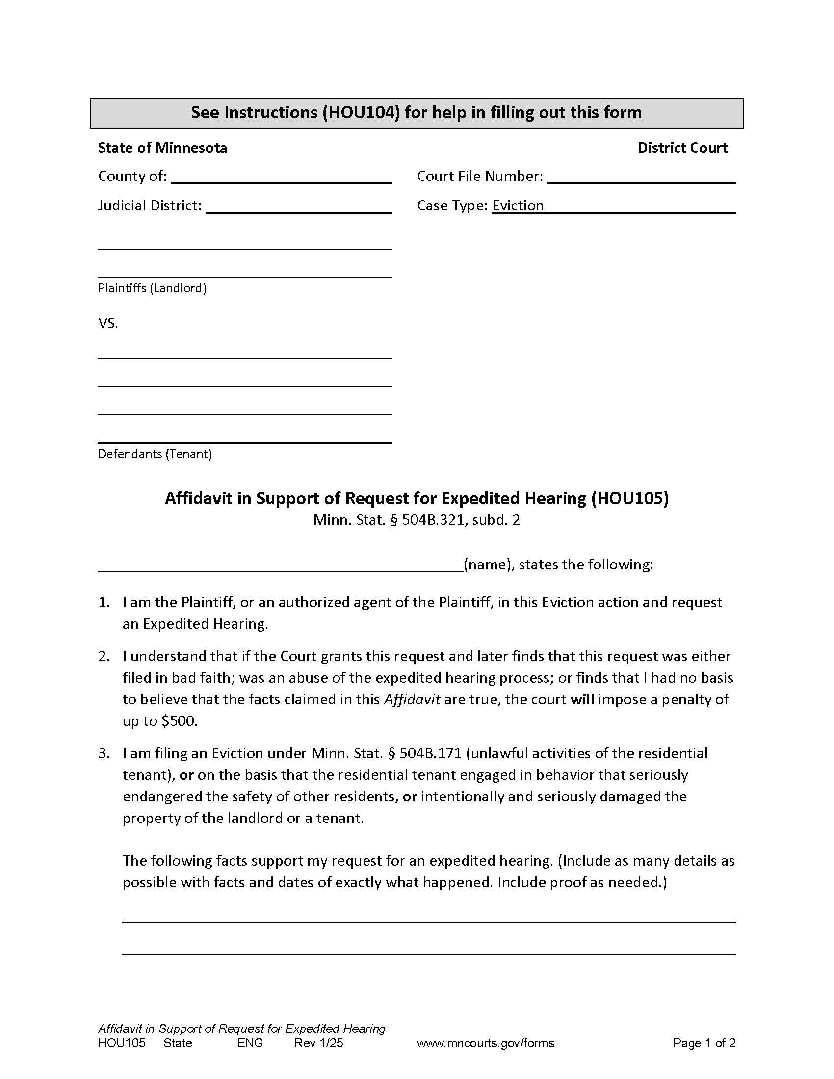Affidavit In Support Of Request For Expedited Hearing (Eviction) {HOU-105} | Pdf Fpdf Docx | Minnesota