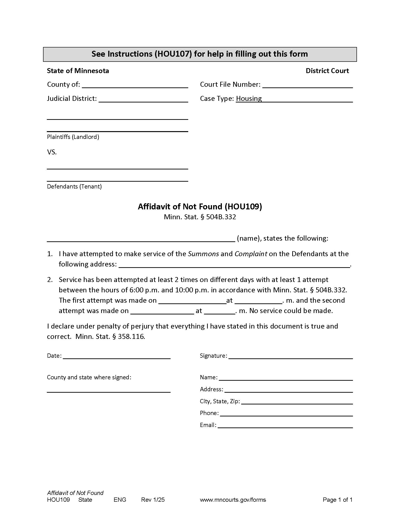 Affidavit Of Not Found (Eviction) {HOU-109} | Pdf Fpdf Docx | Minnesota