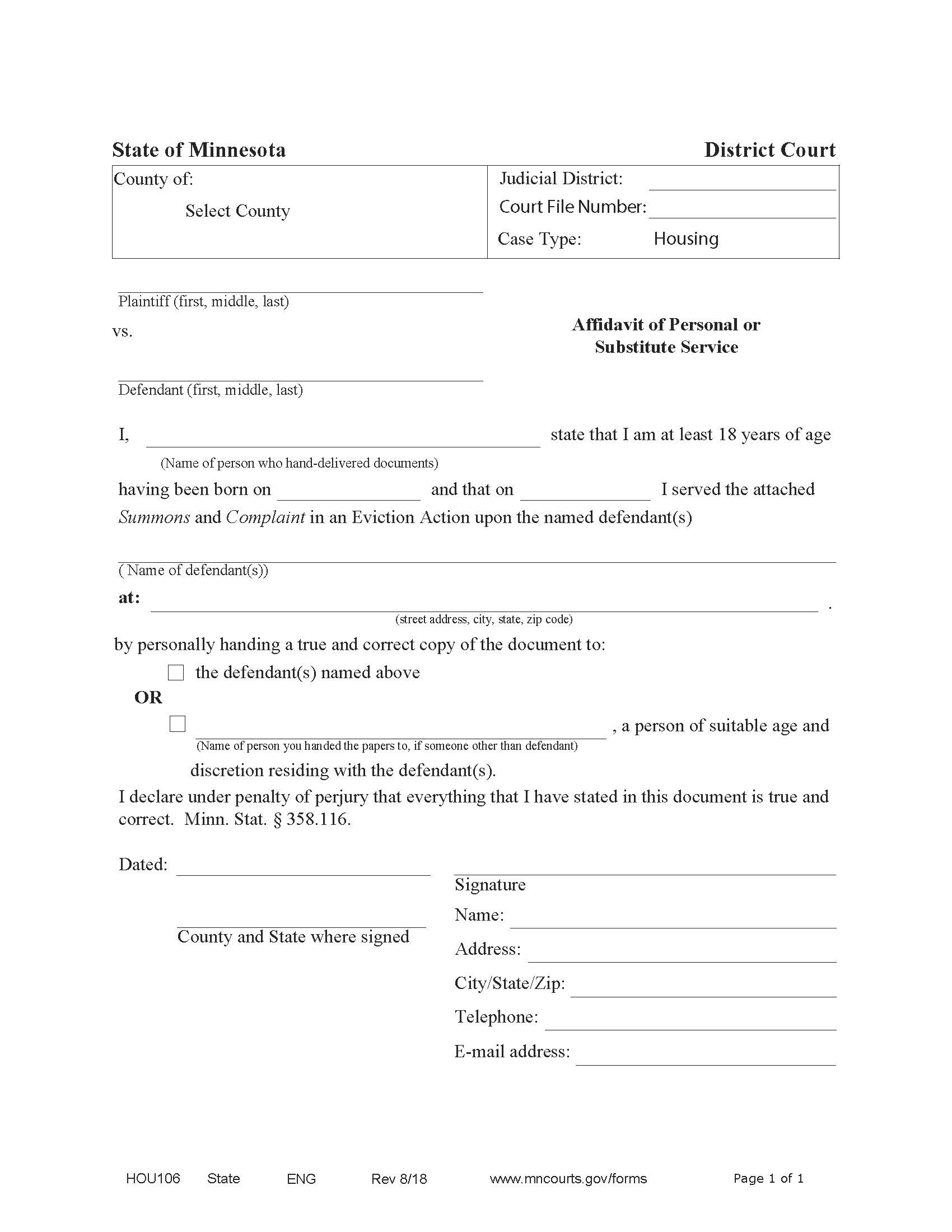 Affidavit Of Personal Or Substitute Service {HOU-106} | Pdf Fpdf Docx | Minnesota