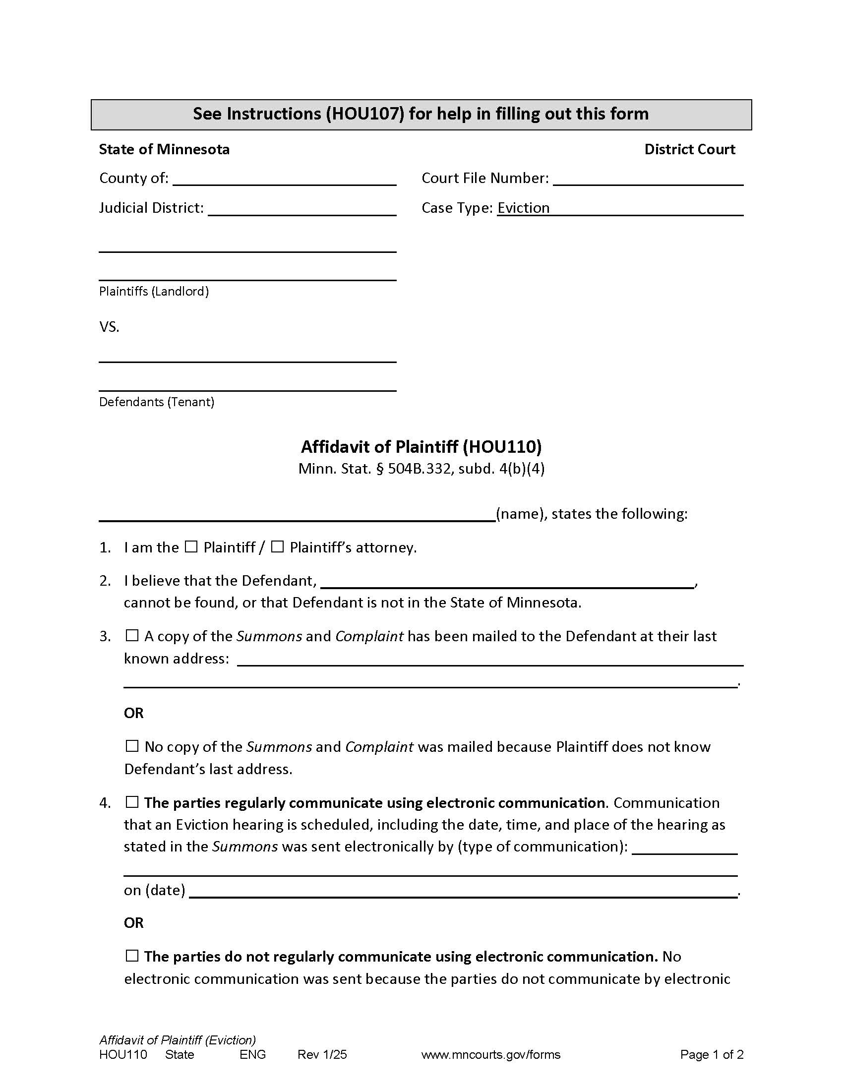 Affidavit Of Plaintiff {HOU-110} | Pdf Fpdf Docx | Minnesota