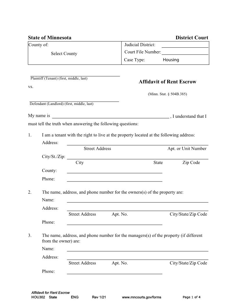 Affidavit Of Rent Escrow {HOU-302} | Pdf Fpdf Docx | Minnesota