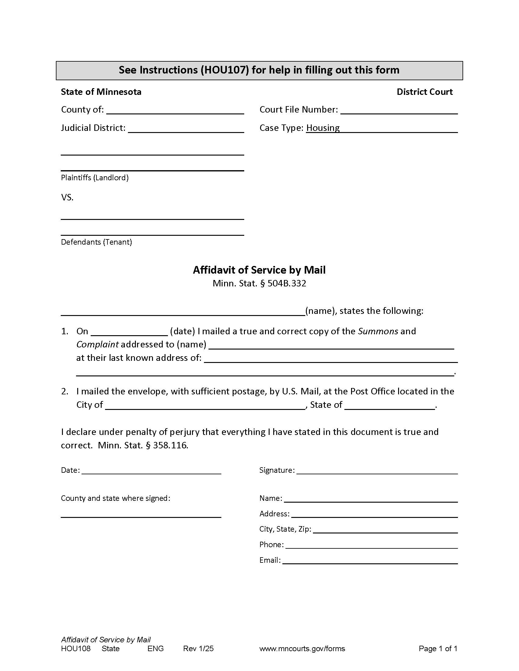 Affidavit Of Service By Mail (Eviction) {HOU-108} | Pdf Fpdf Docx | Minnesota