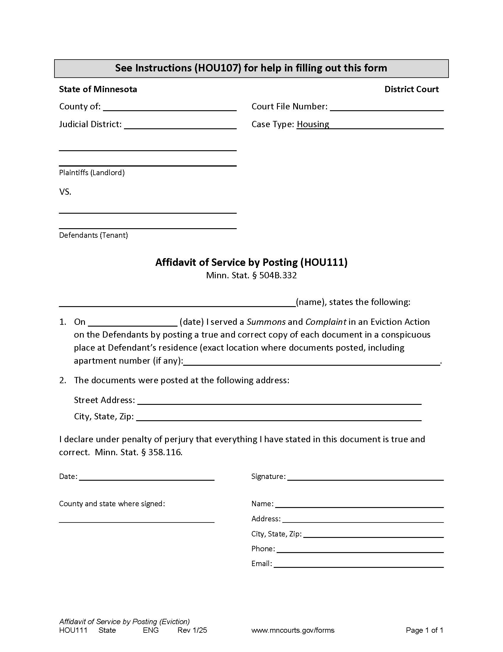 Affidavit Of Service By Posting (Eviction) {HOU-111} | Pdf Fpdf Docx | Minnesota
