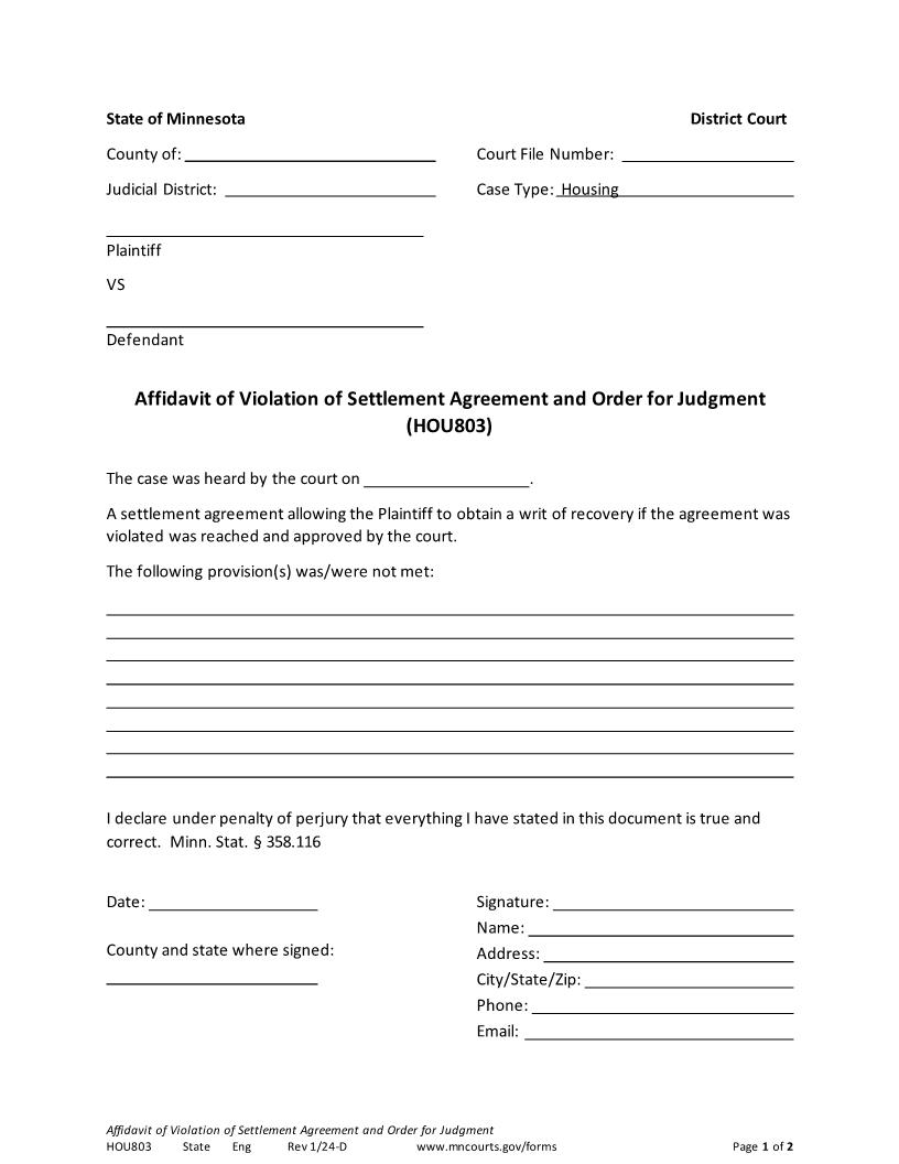 Affidavit Of Violation Of Settlement Agreement {HOU-803} | Pdf Fpdf Docx | Minnesota