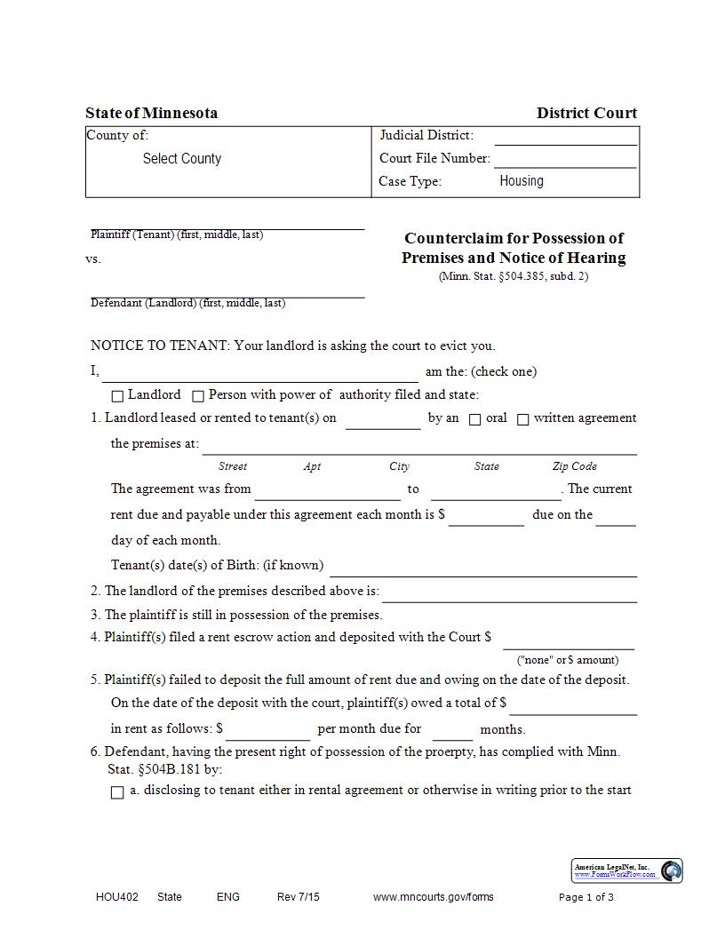 Counterclaim For Possession Of Premises And Notice Of Hearing (Rent Escrow) {HOU-402} | Pdf Fpdf Docx | Minnesota