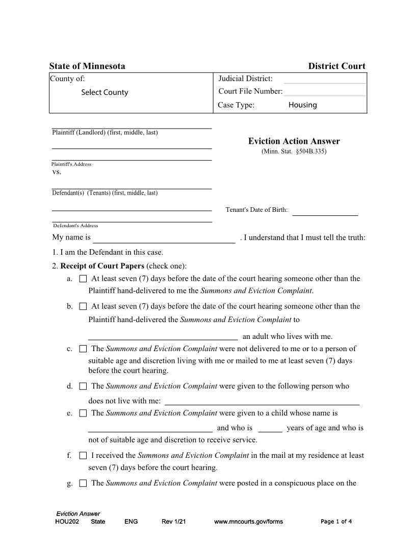 Eviction Action Answer {HOU-202} | Pdf Fpdf Docx | Minnesota