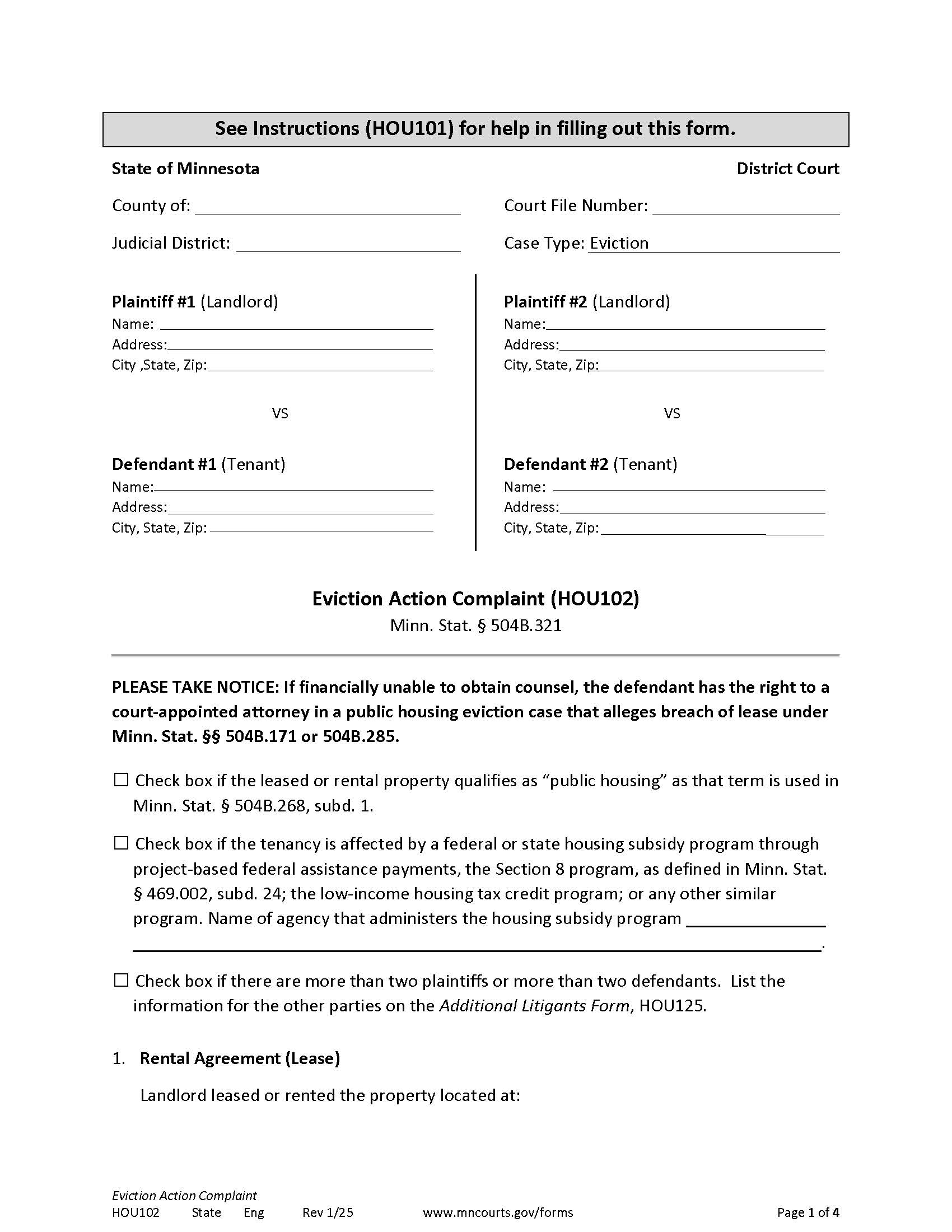 Eviction Action Complaint {HOU-102} | Pdf Fpdf Docx | Minnesota