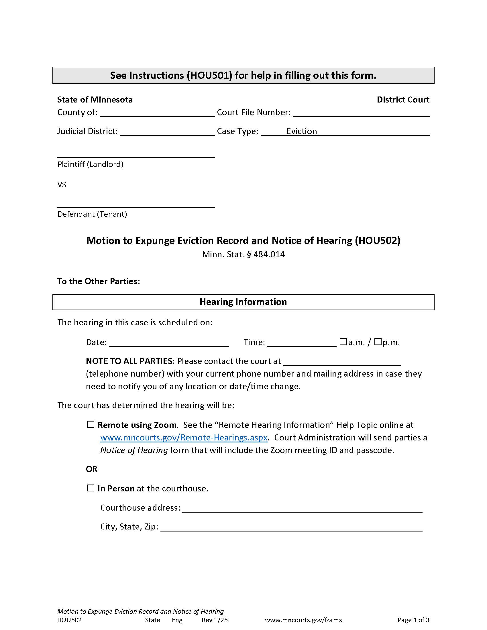 Notice Of Motion And Motion For Expungement Of Eviction Record {HOU-502} | Pdf Fpdf Docx | Minnesota