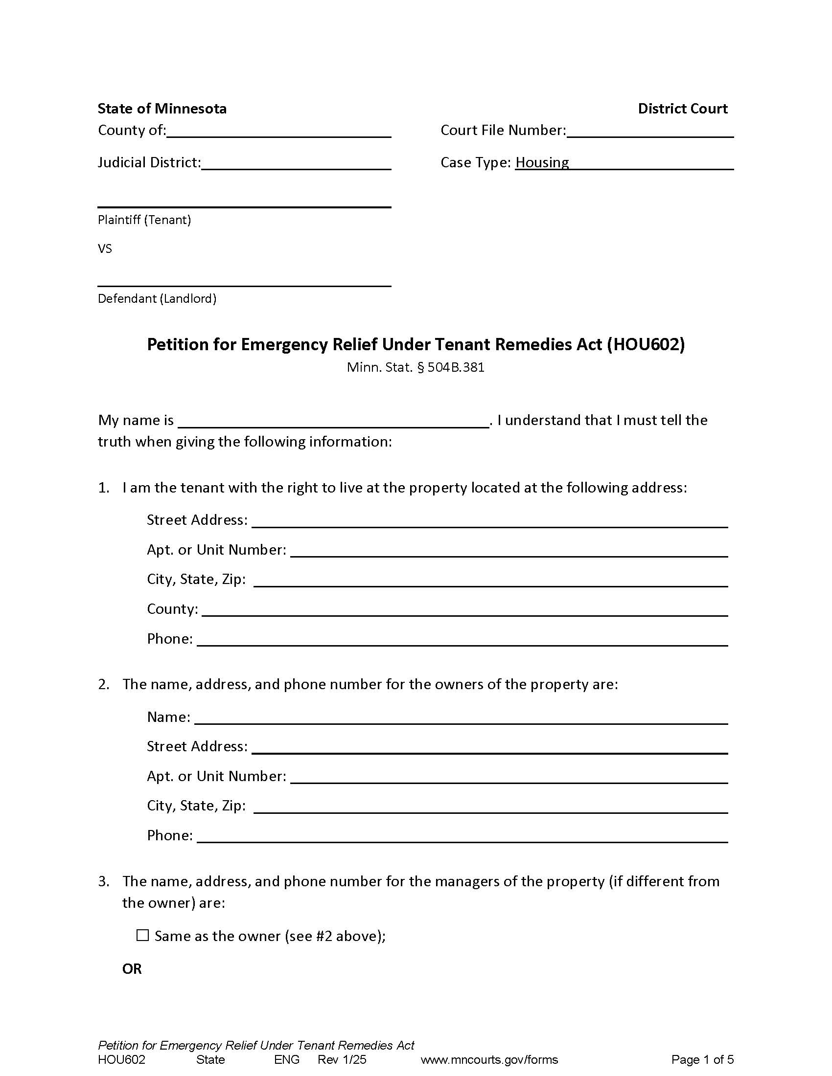 Petition For Emergency Relief Under Tenant Remedies Act {HOU-602} | Pdf Fpdf Docx | Minnesota