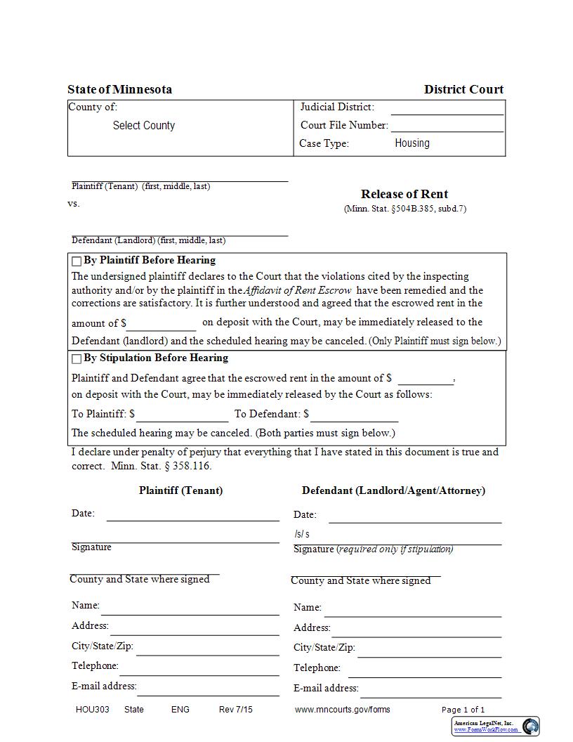 Release Of Rent (Rent Escrow) {HOU-303} | Pdf Fpdf Docx | Minnesota
