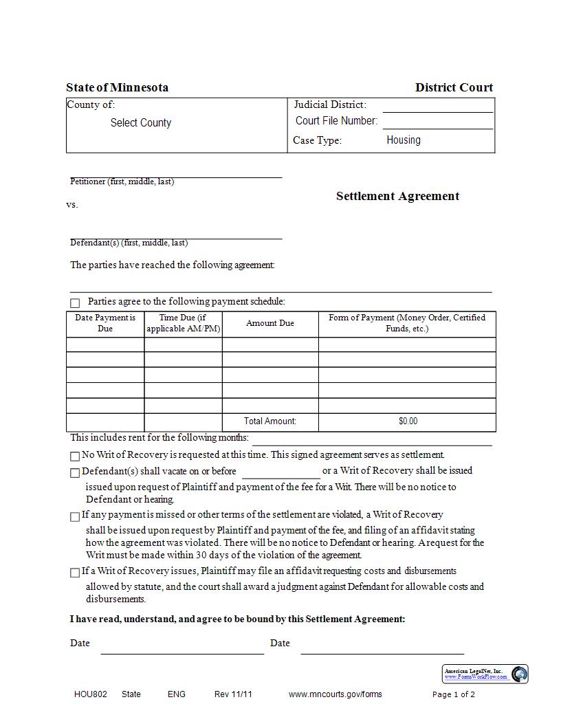 Settlement Agreement {HOU-802} | Pdf Fpdf Docx | Minnesota