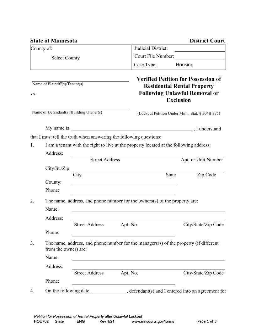 Verified Petition For Possession Of Residential Rental Property Following Unlawful Removal Or Exclusion {HOU-702} | Pdf Fpdf Docx | Minnesota