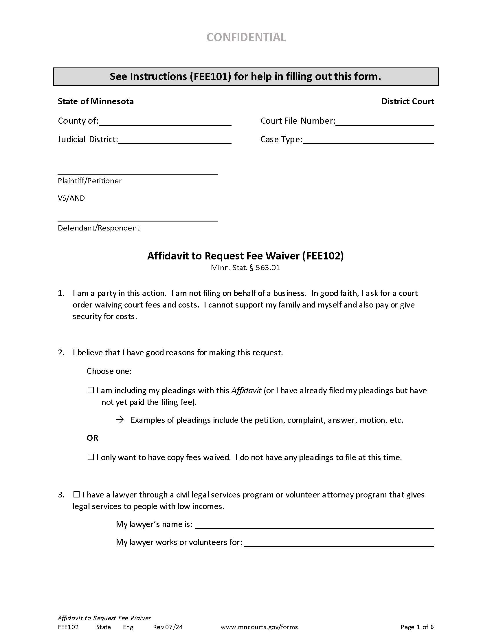 Affidavit To Request Fee Waiver {FEE102} | Pdf Fpdf Docx | Minnesota