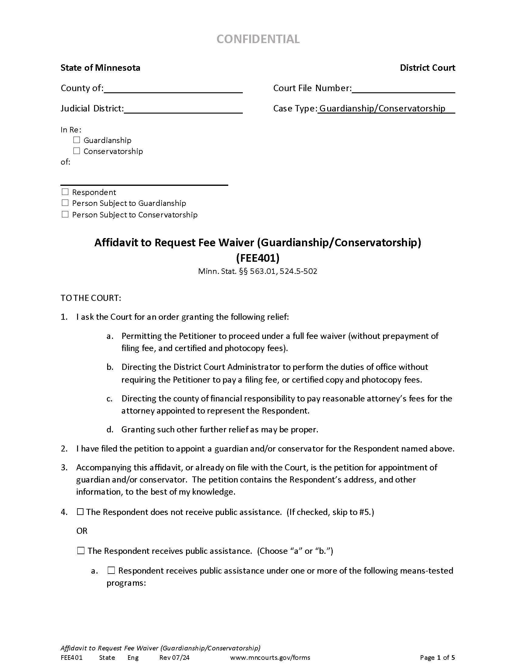 Affidavit To Request Fee Waiver Guardianship Conservatorship {FEE401} | Pdf Fpdf Docx | Minnesota