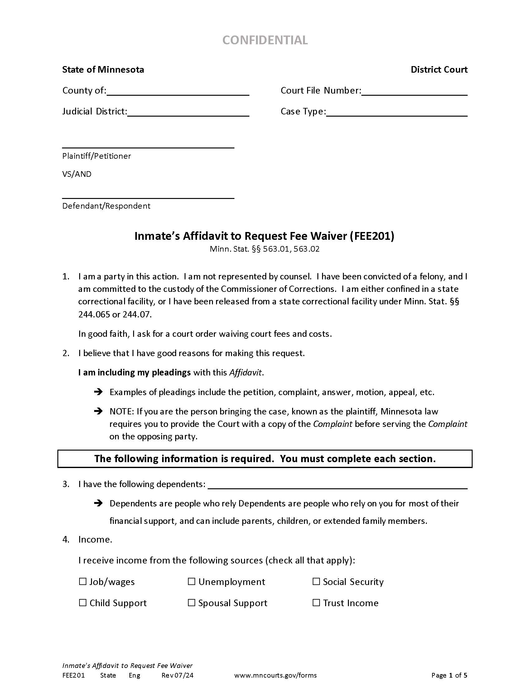 Inmates Affidavit To Request Fee Waiver {FEE201} | Pdf Fpdf Docx | Minnesota