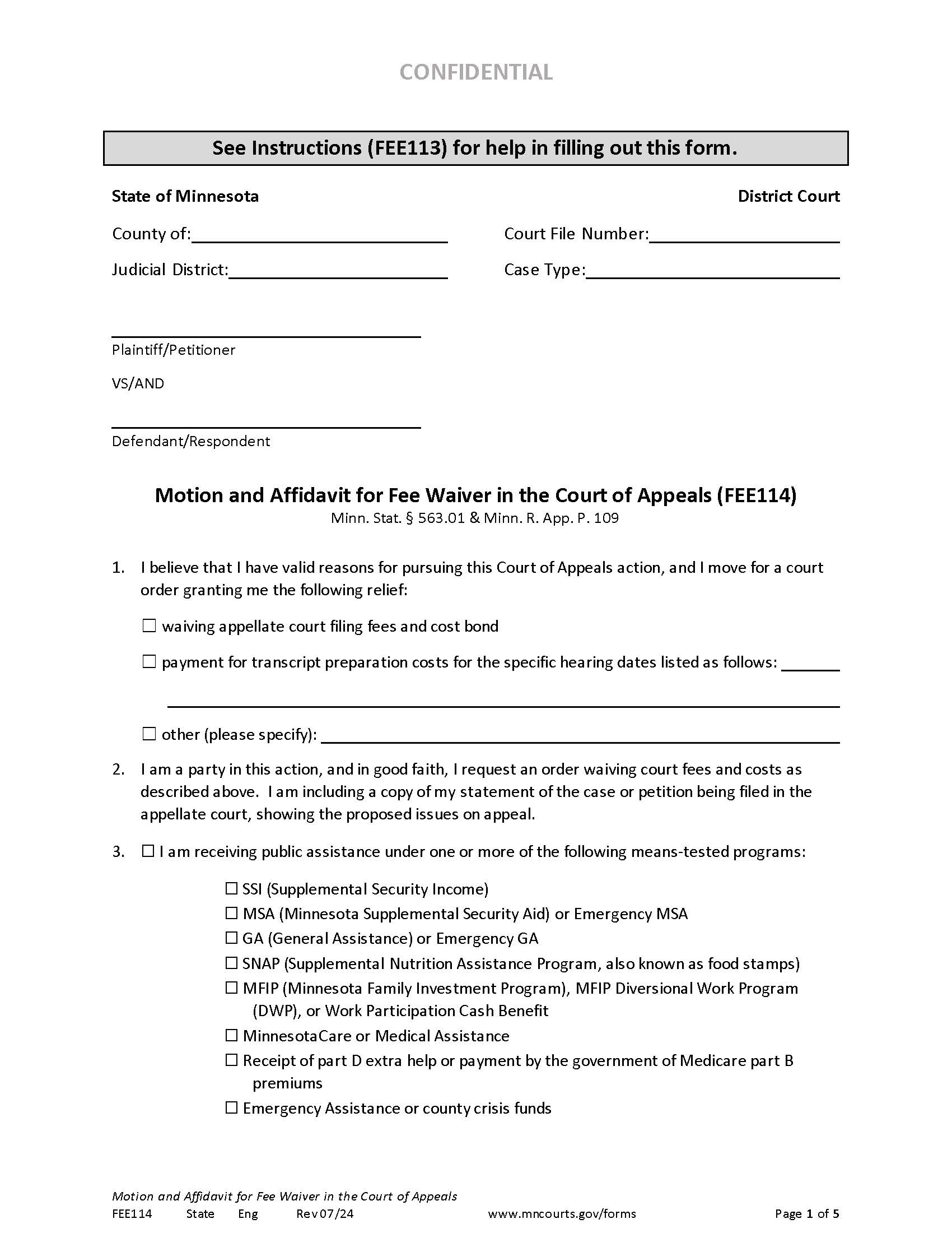 Motion And Affidavit For Fee Waiver In The Court Of Appeals {FEE114} | Pdf Fpdf Docx | Minnesota