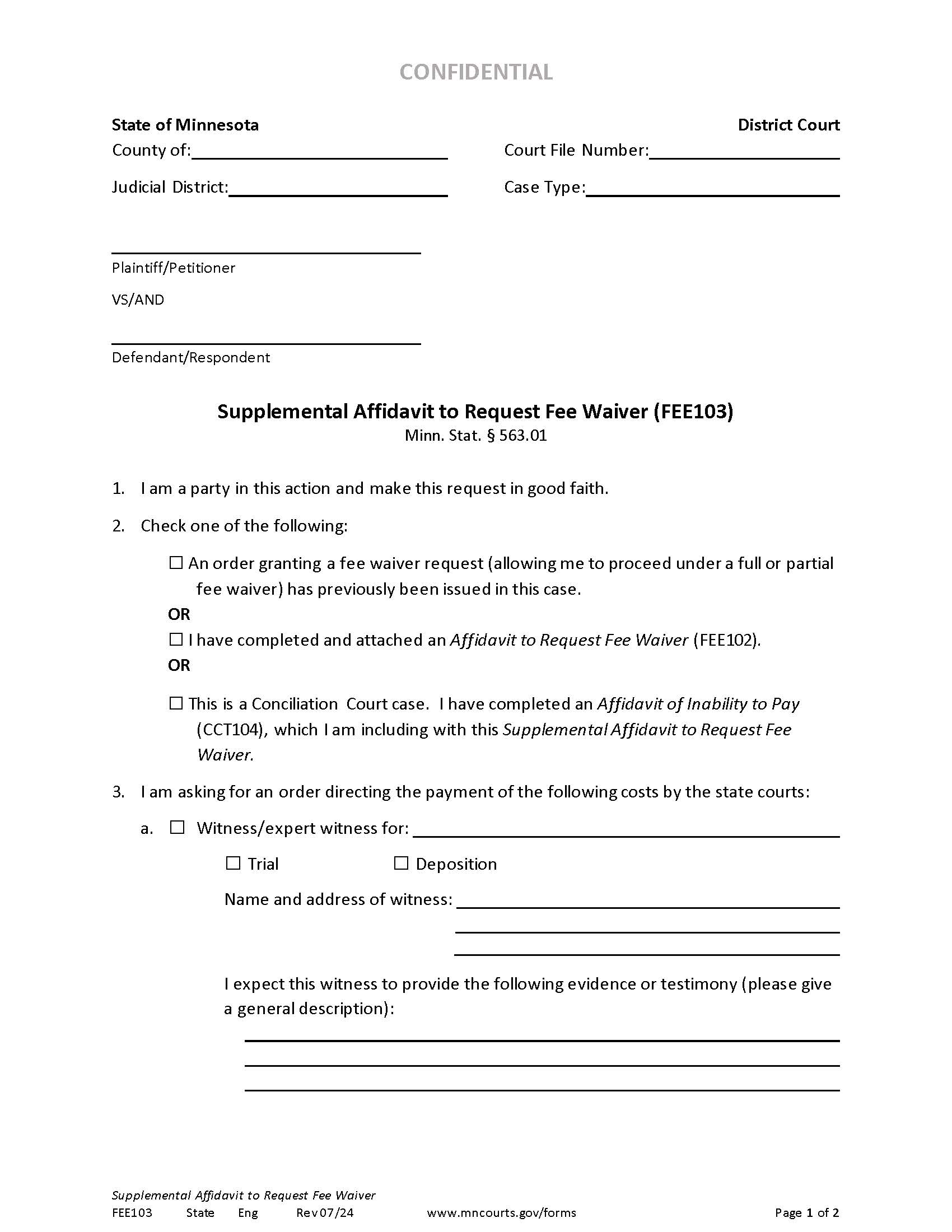 Supplemental Affidavit To Request Fee Waiver {FEE103} | Pdf Fpdf Docx | Minnesota