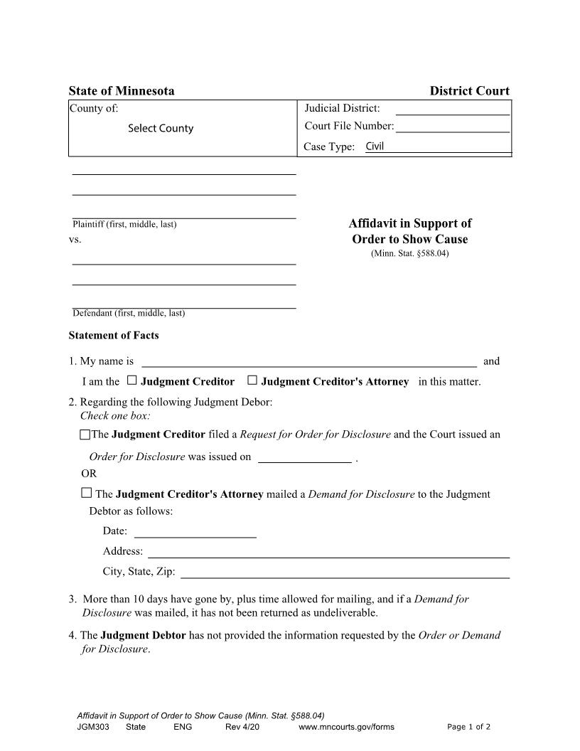 Affidavit In Support Of Order To Show Cause {JGM-303} | Pdf Fpdf Docx | Minnesota