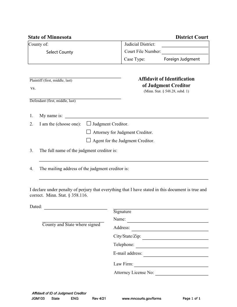 Affidavit Of Identification Of Judgment Creditor {JGM-103} | Pdf Fpdf Docx | Minnesota