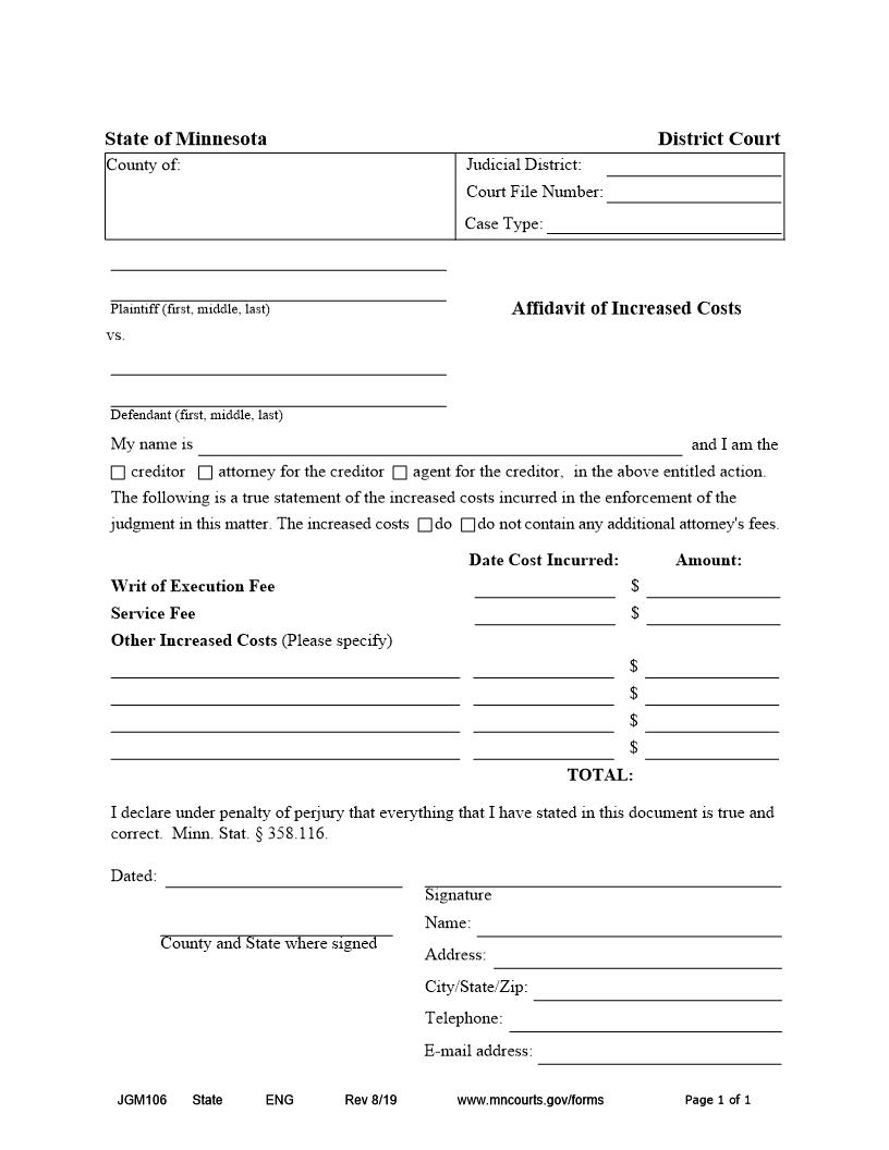 Affidavit Of Increased Costs {JGM-106} | Pdf Fpdf Docx | Minnesota