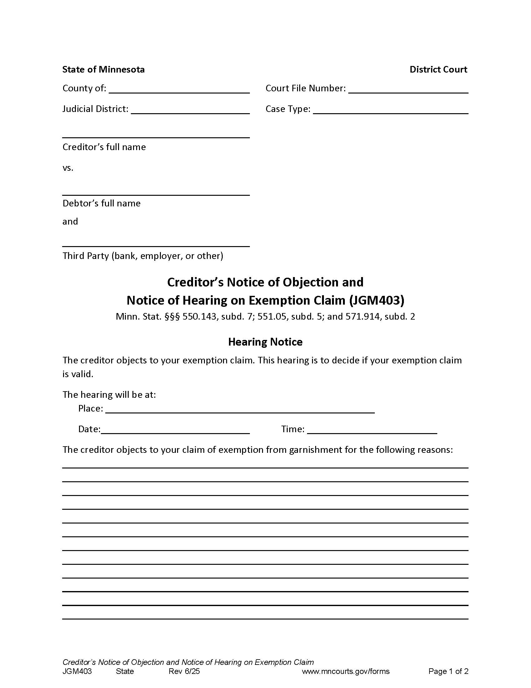 Creditors Notice Of Objection And Notice Of Hearing On Exemption Claim {JGM-403} | Pdf Fpdf Docx | Minnesota