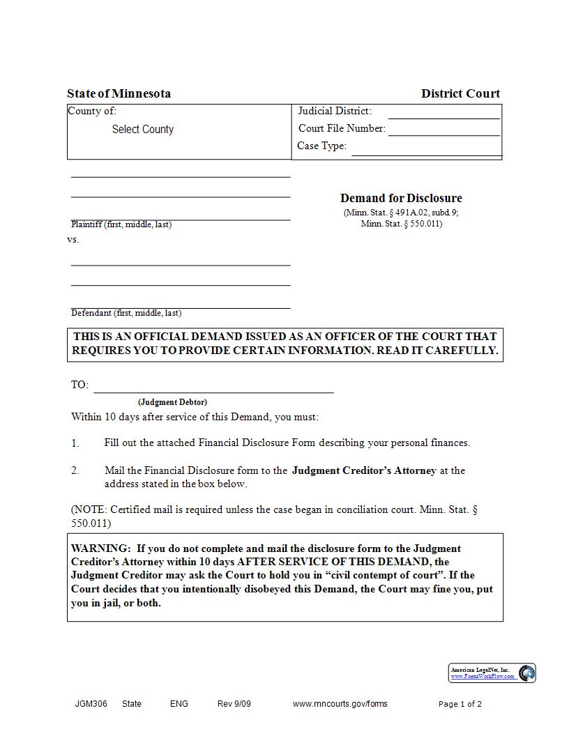 Demand For Disclosure {JGM-306} | Pdf Fpdf Docx | Minnesota