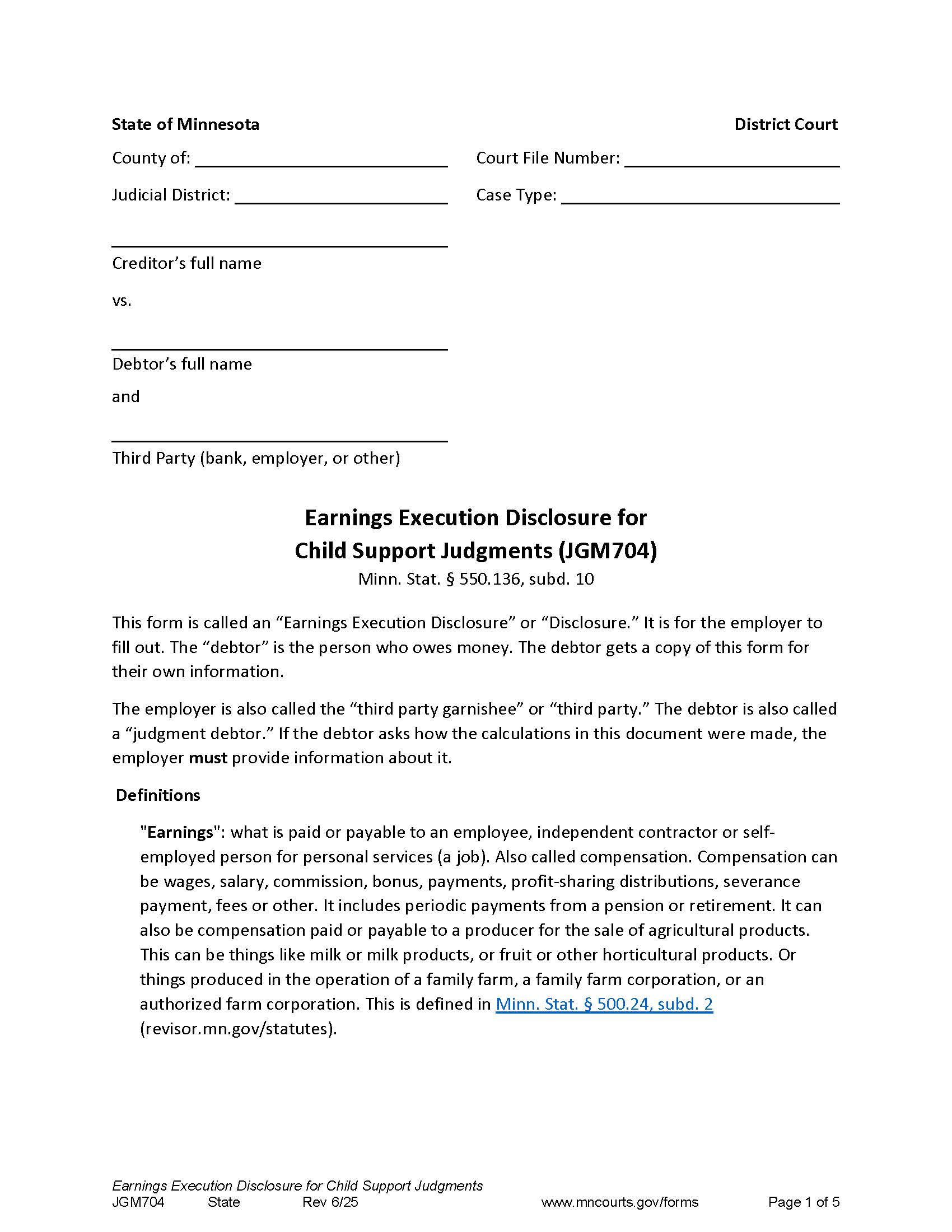 Earnings Execution Disclosure For Child Support Judgments {JGM-704} | Pdf Fpdf Docx | Minnesota