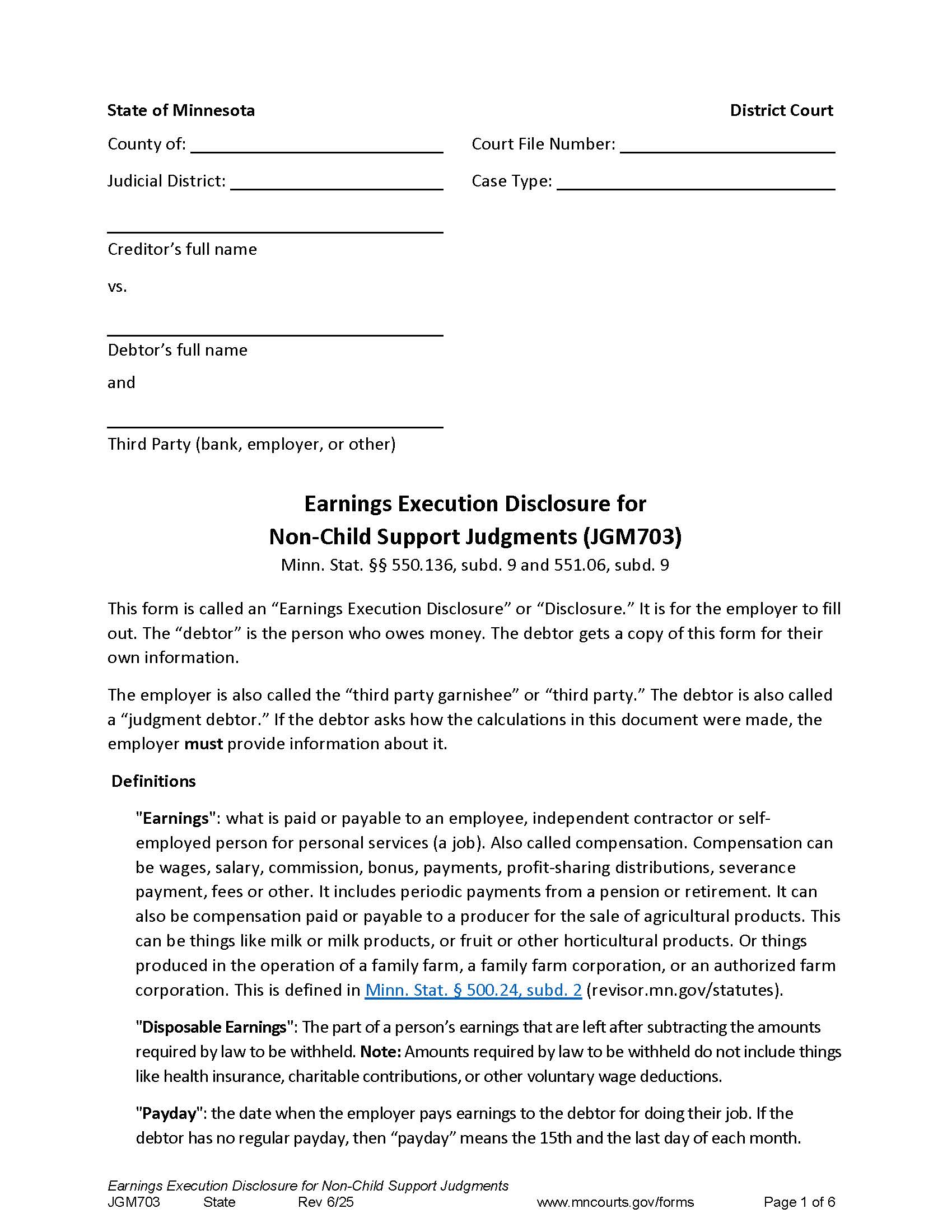 Earnings Execution Disclosure For Non Child Support Judgments {JGM-703} | Pdf Fpdf Docx | Minnesota