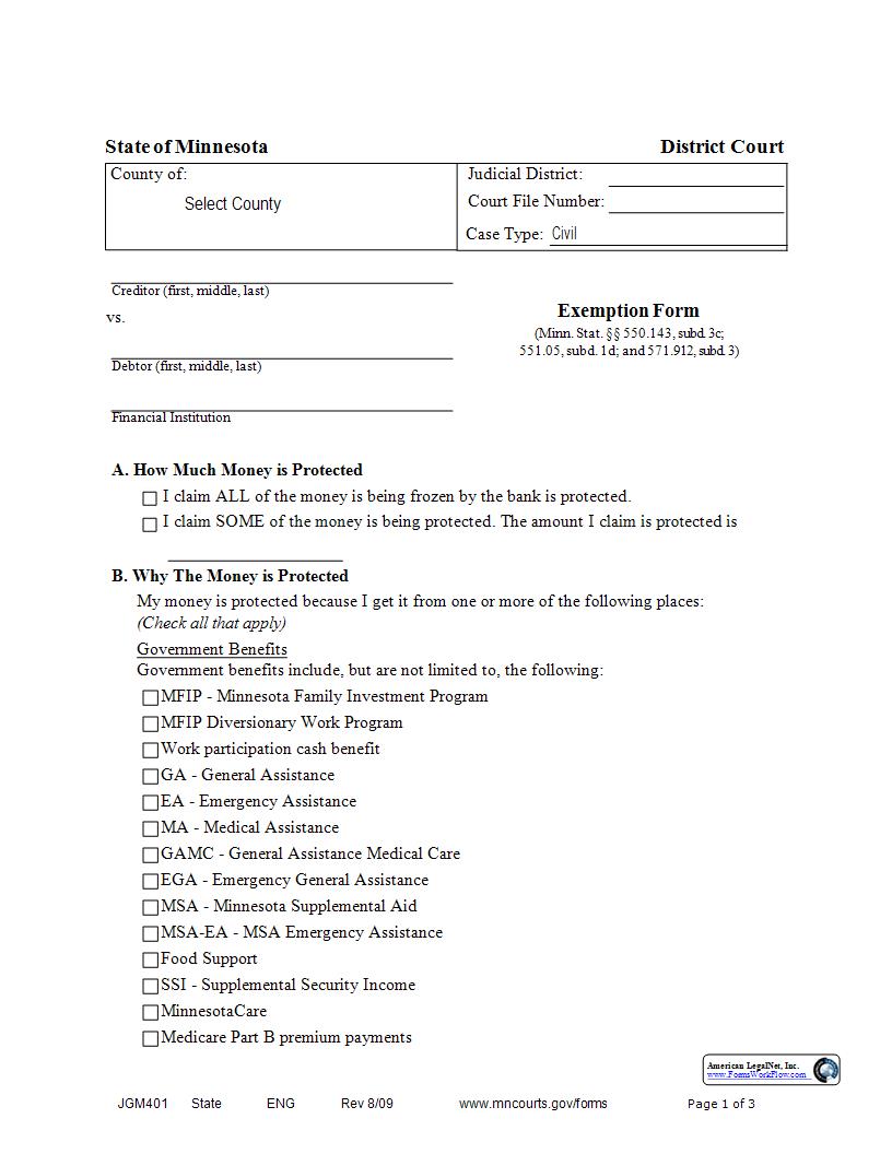 Exemption Form {JGM-401} | Pdf Fpdf Docx | Minnesota
