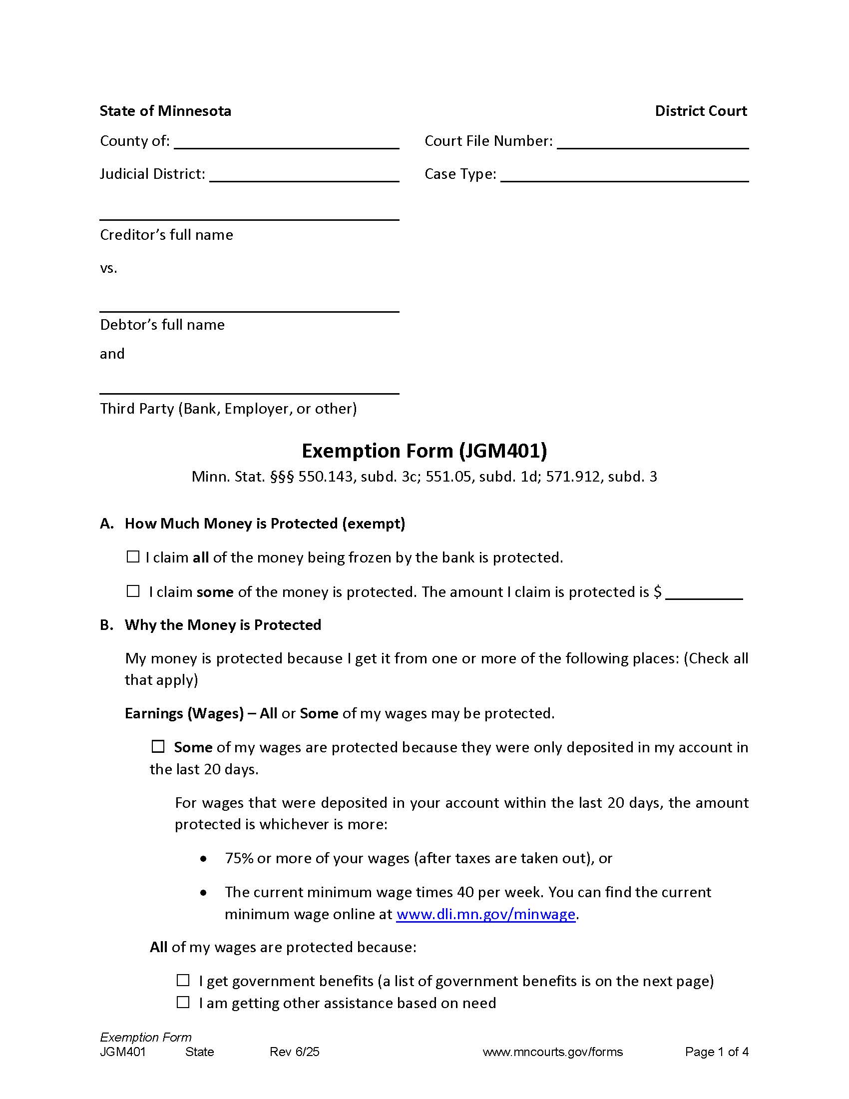 Exemption Form {JGM-401} | Pdf Fpdf Docx | Minnesota