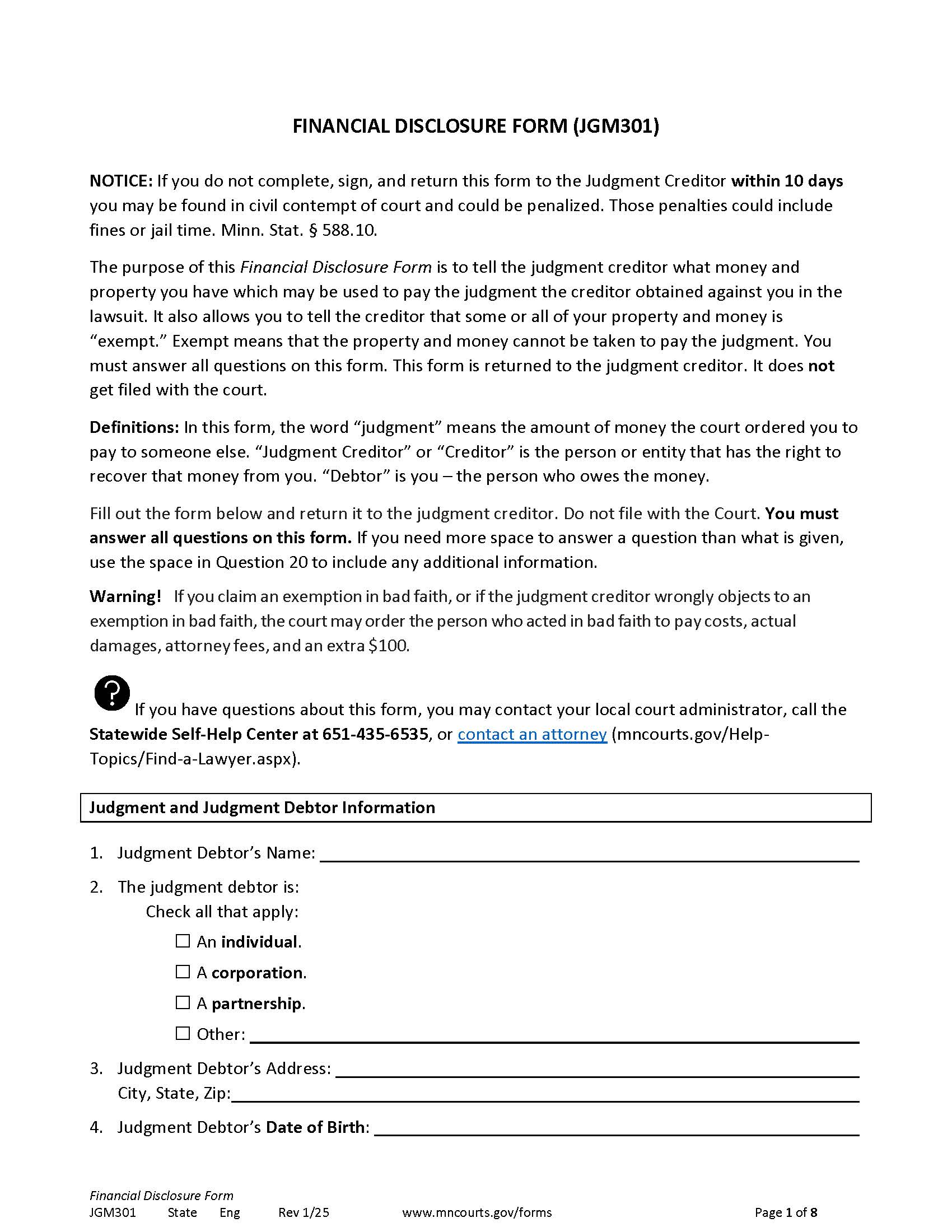 Financial Disclosure Form {JGM-301} | Pdf Fpdf Docx | Minnesota