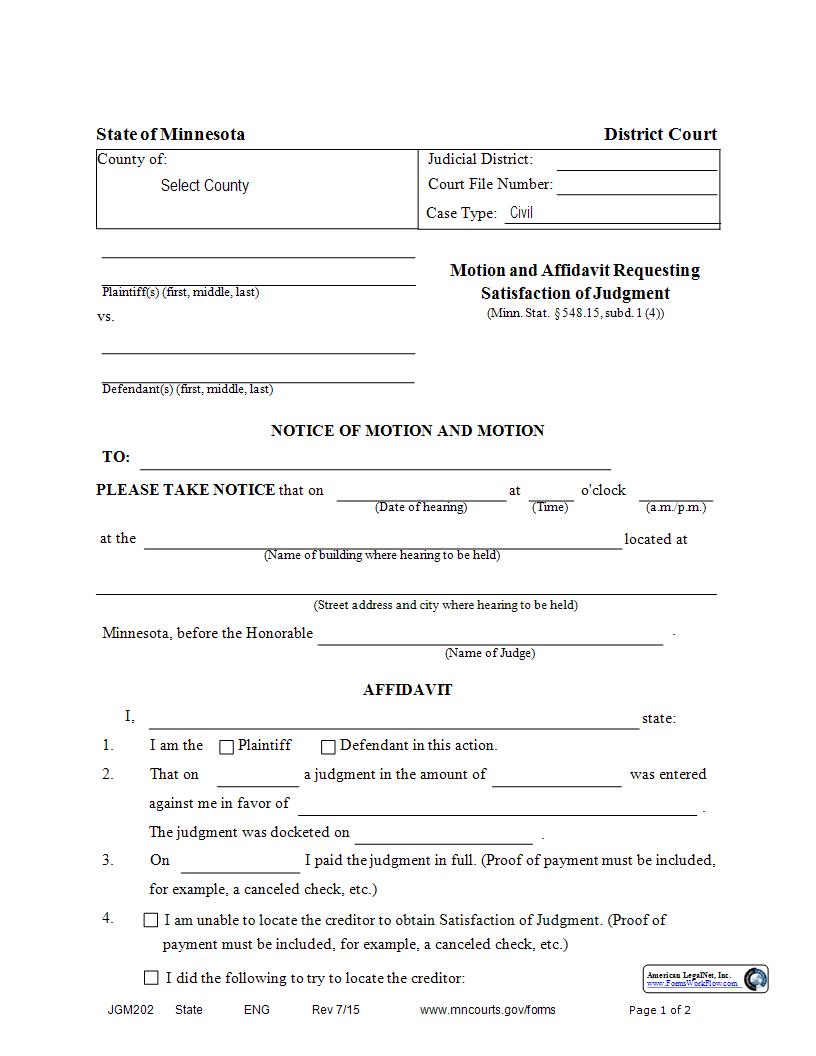 Motion And Affidavit Requesting Satisfaction Of Judgment {JGM-202} | Pdf Fpdf Docx | Minnesota